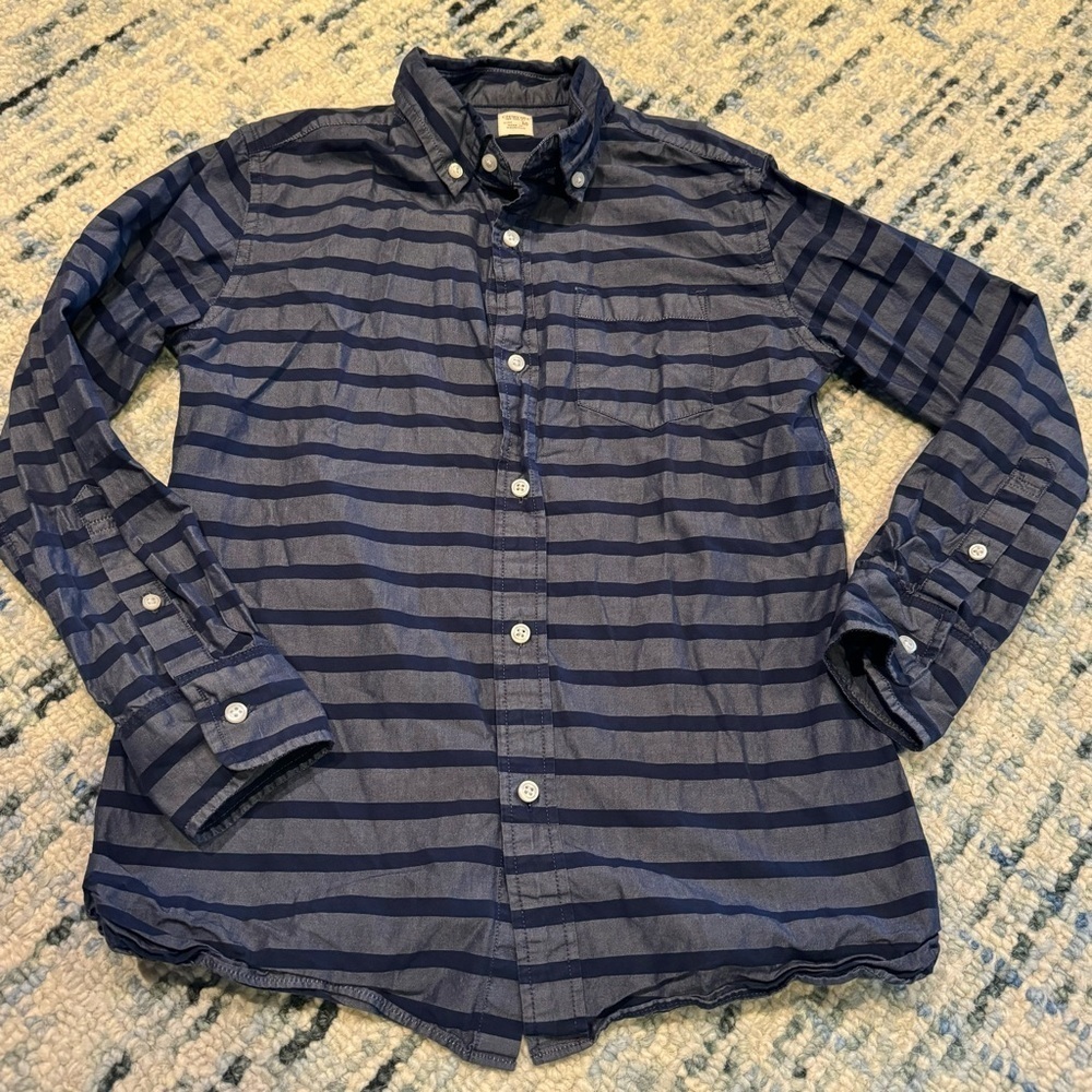 J. Crew Crewcut Silver Gray and Navy Blue Striped Button Down Shirt